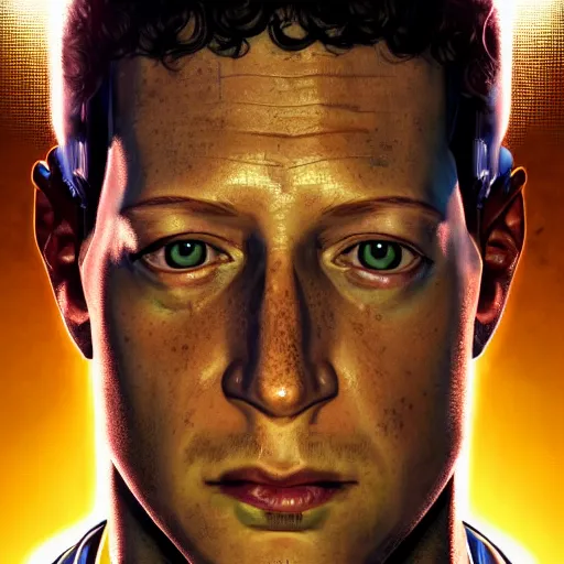 Image similar to imposing, ominous portrait of cyborg Mark Zuckerberg as a grand theft auto 5 loading screen, symmetry, front view, intricate, studio, art by anthony macbain + greg rutkowski + alphonse mucha, concept art, 4k, sharp focus