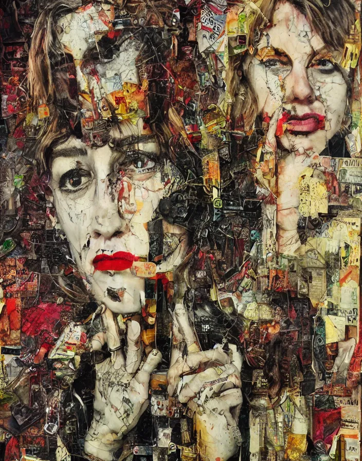 Image similar to you are prey of your sins detailed mixed media collage, conteporary art, punk art, realistic face, photorealistic, expressionism, masterpiece, perfect composition, spectacular quality, intricate oil sweeps