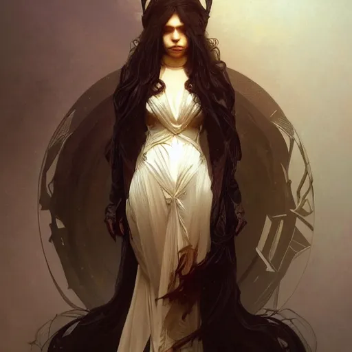 Image similar to portrait of dark goddess, intricate, elegant, highly detailed, digital painting, artstation, concept art, smooth, sharp focus, illustration, art by artgerm and greg rutkowski and alphonse mucha and william - adolphe bouguereau