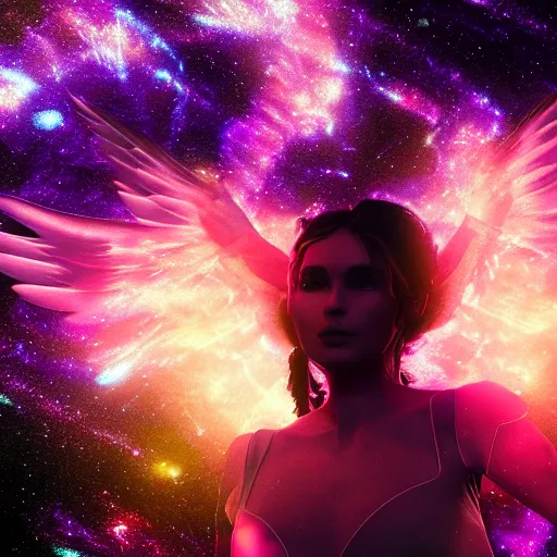 Prompt: angel in a galaxy made of stars, space, nebulas stars Dmt Psychedelic cosmos, cosmic, Hallucination, night sky; 8k, artstation, unreal engine, octane render, hdr, surrealistic, hyperrealism, glow, photorealistic, volumetric lighting, Dreamy, dynamic, mystical