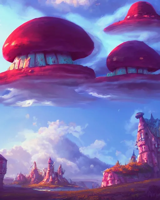 Prompt: flying cloud castle, mushroom buildings, illustration, bright, blue sky, mountains, colorful, cinematic lighting, fantasy, high detail, masterpiece, artstation, 4 k, art by wylie beckert