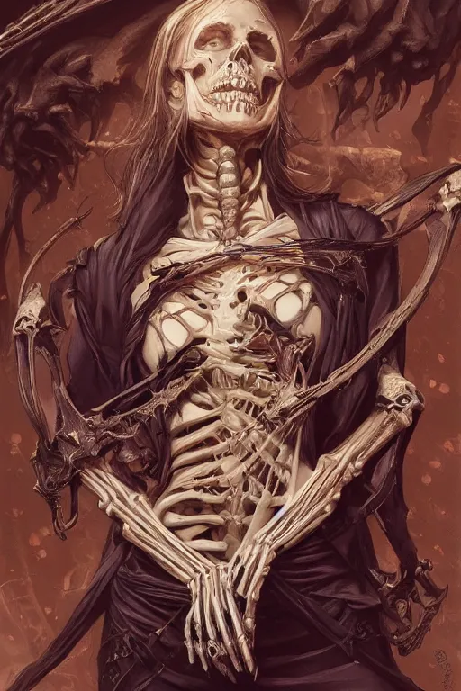 Prompt: skeleton as a heroine, intricate, elegant, highly detailed, centered, digital painting, artstation, concept art, smooth, sharp focus, illustration, art by artgerm and donato giancola and Joseph Christian Leyendecker, Ross Tran, WLOP