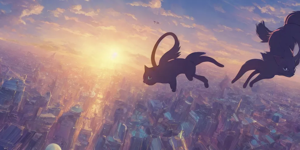 Image similar to a beautiful scene of a cat flying through the air over a sprawling city, concept art, studio ghibli, style of makoto shinkai and alphonse mucha, 4 k wallpaper