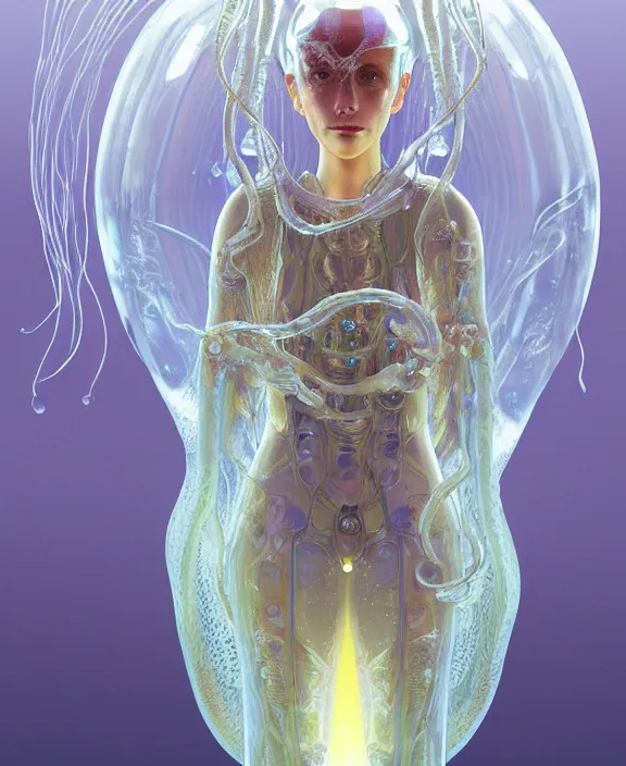 Image similar to opulent transparent clear see - through portrait of a terrifying beautiful male alien jellyfish robot, mottled coloring, adorable, childlike, overgrown biopunk jungle environment, ultra realistic, concept art, art nouveau, photorealistic, octane render, 8 k, unreal engine. art by christopher marley and artgerm and greg rutkowski and alphonse mucha