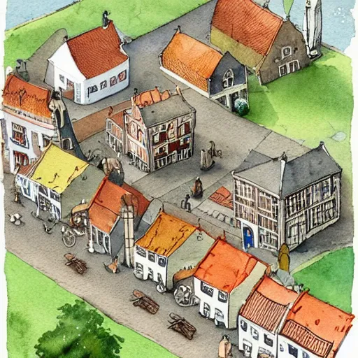 Image similar to a building in a typical dutch village. isometric aerial view. whimsical watercolor illustration by anton pieck. very detailed