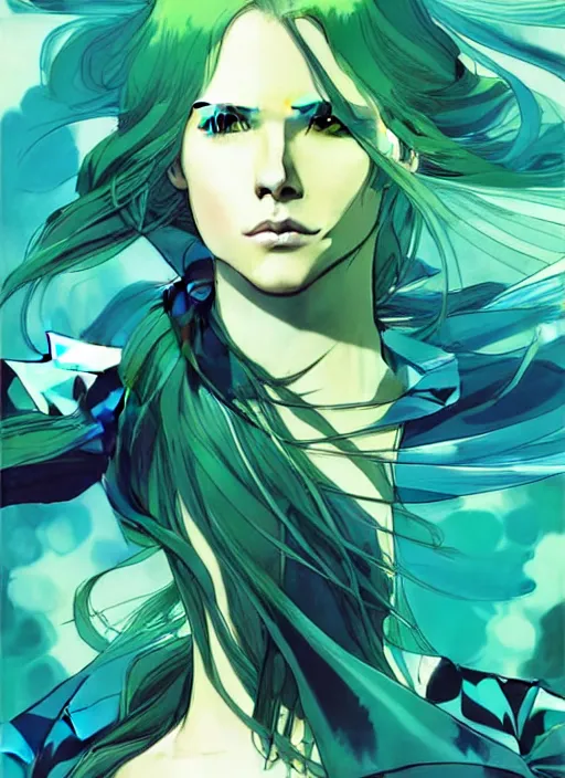 Prompt: style of yoji shinkawa, joshua middleton, beautiful kristen bell with green dress, very long blue hair, water powers water swirling, symmetrical face, symmetrical eyes, detailed, beach setting, cinematic lighting