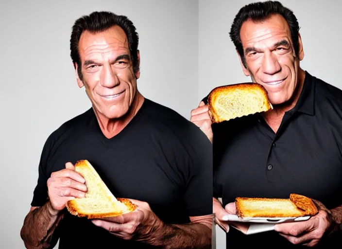 Image similar to studio portrait photo still of robert davi!!!!!!!! at age 5 3 years old 5 3 years of age!!!!!!! holding a grilled cheese, 8 k, 8 5 mm f 1. 8, studio lighting, rim light, right side key light