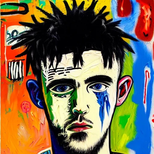 Image similar to detailed neo expressionism oil painting of sad boy lil peep rapper by basquiat