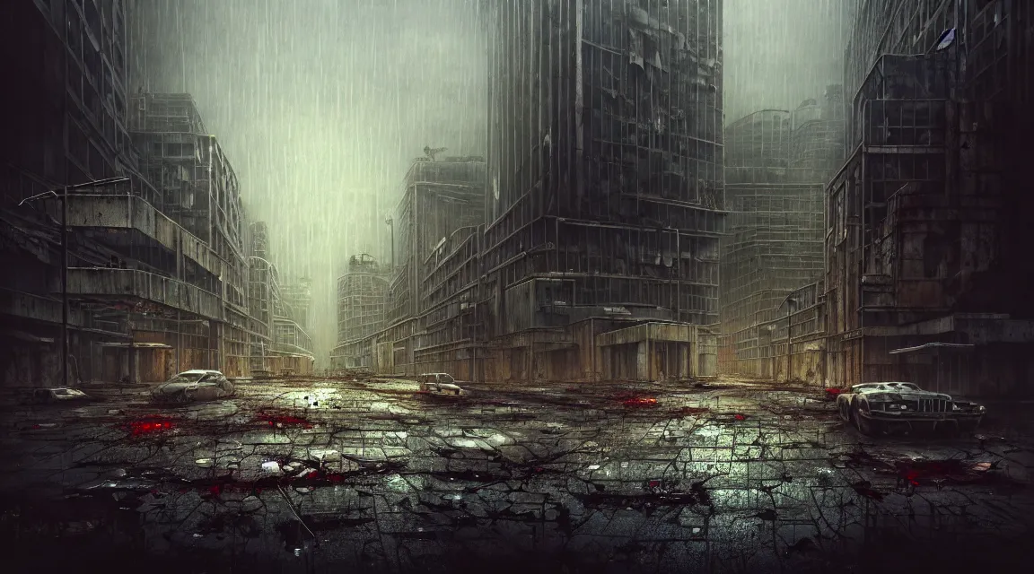 Image similar to post apocalyptic city building, raining, building, avenue, modern contemporary urban americana concrete architecture, paved roads, by pascal blanche trending on artstation, photorealistic, neon ambiance, ultra detailed, high definition, depth of field, bokeh, wild vegetation, blood stains, crumbling, post - apocalyptic warriors