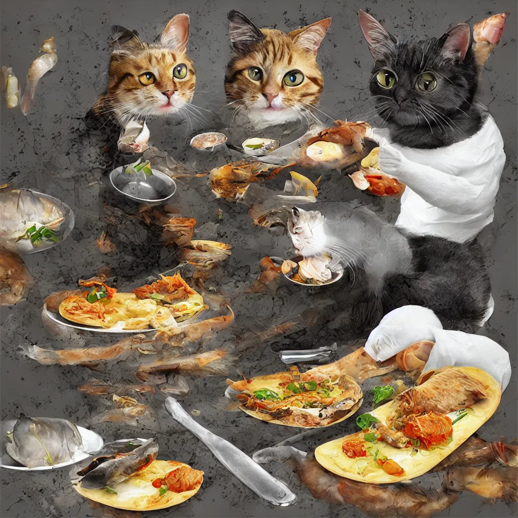 Image similar to “a cat chef named Alton Gray cooking a fish, high-definition, digital art, 8k”