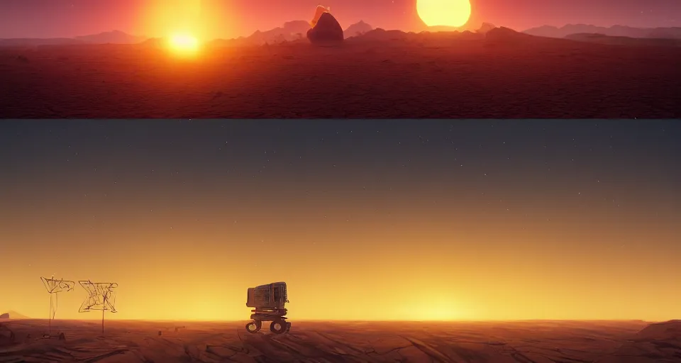 Prompt: Double Sunset over a desert, large twin sunset, cinematic, rendered by simon stålenhag, rendered by Beeple, Makoto Shinkai, syd meade, inspired by Gundam, environment concept, digital art, unreal engine, 3 point perspective, WLOP, trending on artstation, low level, 4K UHD image, octane render,