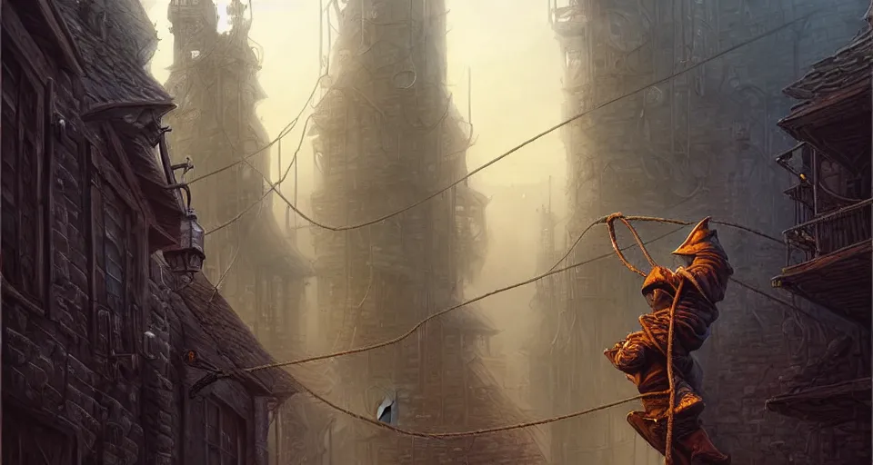 Prompt: landscape painting of a hooded thief in leathers using a rope to climb a tall metal steampunk buildings with a fantasy city, fine details, andreas rocha, magali villeneuve, artgerm, rutkowski