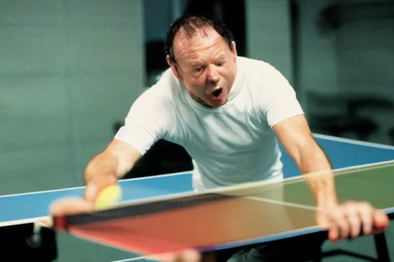 Image similar to very sweaty man playing ping pong, cookbook photo, in 1 9 9 5, y 2 k cybercore, industrial low - light photography, still from a ridley scott movie