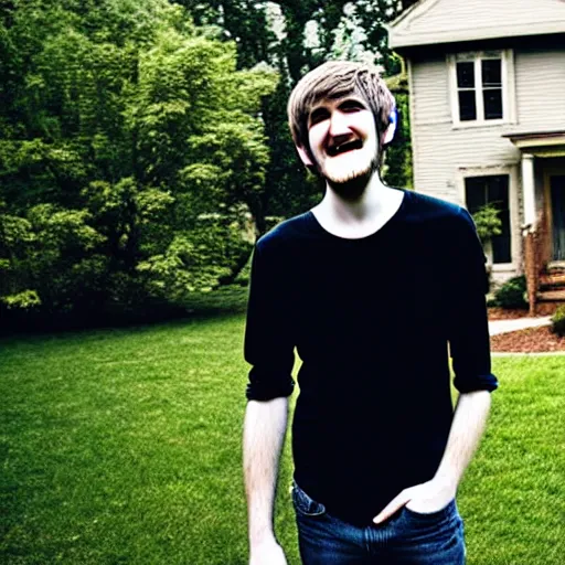 Image similar to bearded long - haired bo burnham outside of his house, smiling and dancing