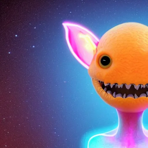 Image similar to an alien with a face that looks like a fuzzy peach the peach is fuzzy pink warm and ripe the alien has horns and a mean smile, 4k, highly detailed, high quality, amazing, high particle effects, glowing, majestic, soft lighting