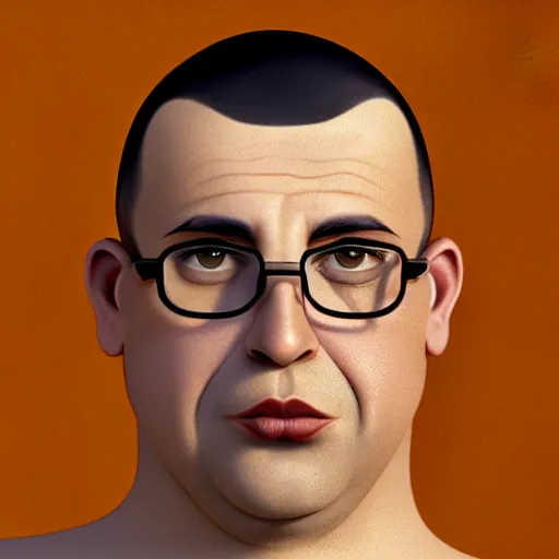 Prompt: 50 year old curvy thinner brunette man with very short hair, buzz cut, round circle face, round jaw, wide chin , romanian, silver small glasses, romanian heritage, brown eyes, brown eyes, olive skin, round round round nose, round chin, clean shaven wide wide wide face, thin lips, digital art, concept art, cgsociety, painterly, painting, 8k, illustration, painting, dramatic, beautiful, art by loish loish loish, cartoon, stylized painterly, trending on artstation, medium shot, uncropped