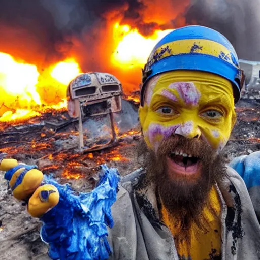 Image similar to , funny and frightened ukrainian burned to bones bleeding in dirty yellow and blue rags on the background of a huge nuclear explosion selfie 2 0 2 2