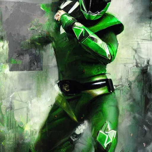 Image similar to green power ranger, realistic, ultrahd, jeremy mann painting