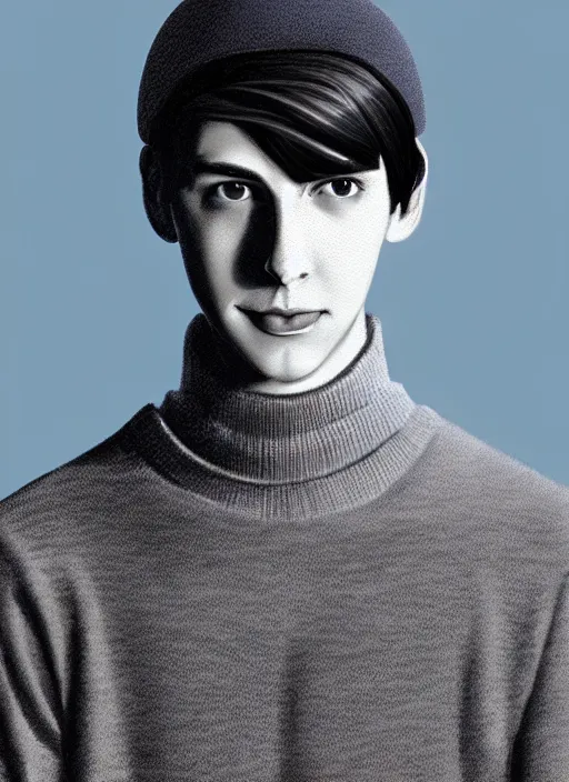 Image similar to portrait of teenage jughead jones wearing a light grey knit crown, blue turtleneck, 1 9 5 0 s, closed eyes, photorealistic, black hair, glowing lighting, intricate, elegant, glowing lights, highly detailed, digital painting, artstation, concept art, smooth, sharp focus, illustration, art by wlop, mars ravelo and greg rutkowski