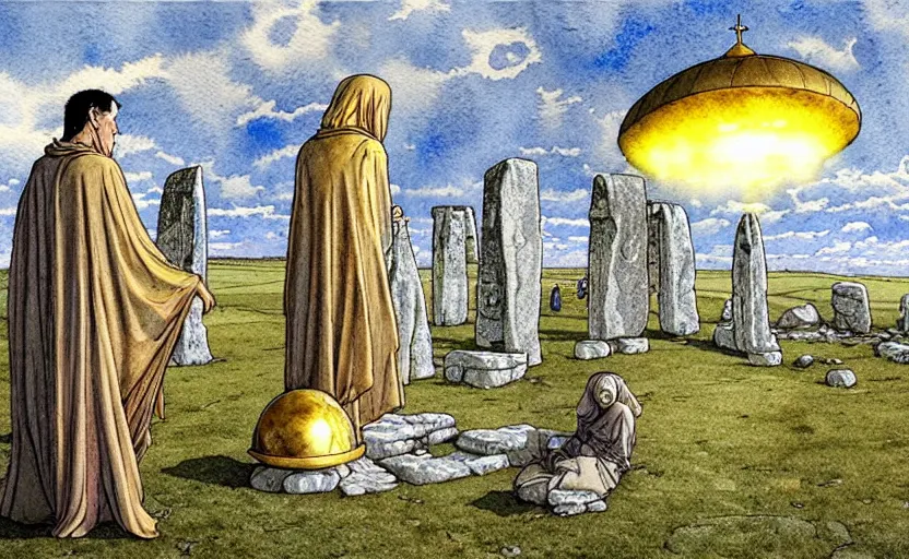 Image similar to a realistic and atmospheric watercolour fantasy concept art of a golden ufo landing on top of stonehenge. female medieval monk in grey robes kneeling with her hands by her sides. by rebecca guay, michael kaluta, charles vess and jean moebius giraud