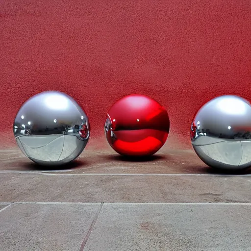 Prompt: chrome spheres on a red cube by giacomo ceruti