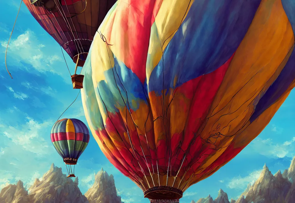 Image similar to old colorful air balloon, epic fantasy, detailed, intricate, digital painting, concept art, realistic, smooth, focus, rim light