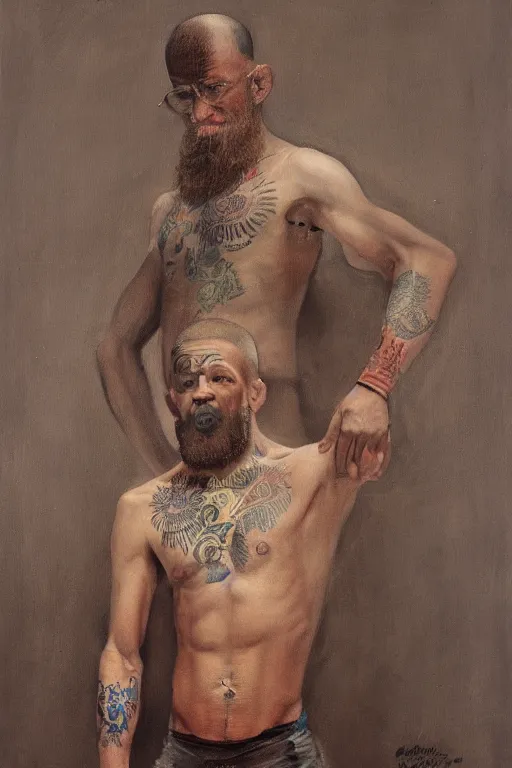 Prompt: full body portrait of conor mcgregor as mahatma gandhi, oil on canvas by william sidney mount, hindu art, great soul, irish folk, trending on artstation