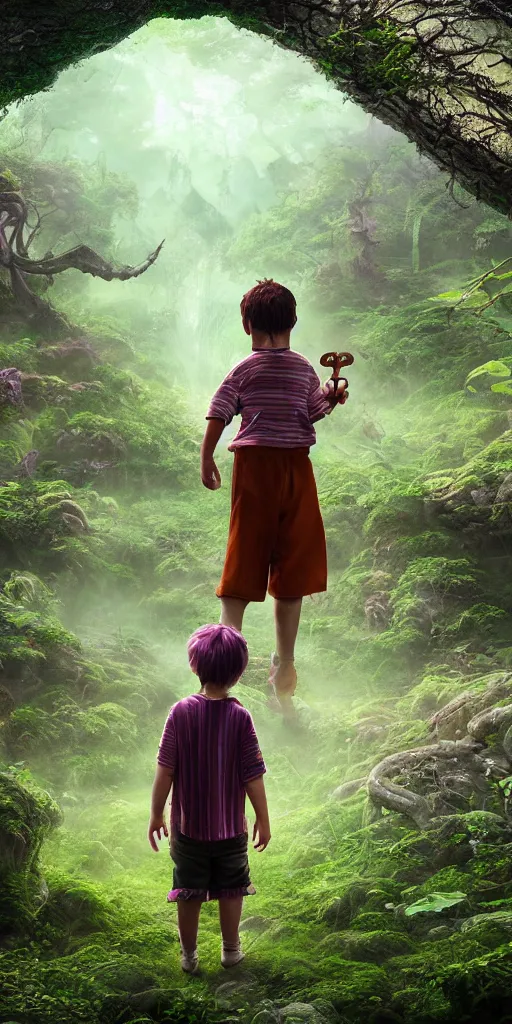 Prompt: little boy with a headband and purple hair, wearing an orange and white striped outfit, surrounded by a green forrest, moody , lovecraft, giger, ridley scott, zack snyder, Fenghua Zhong, realistic cinematic lighting, establishing action shot, ultra detailed, hyper realism, photo, octane render