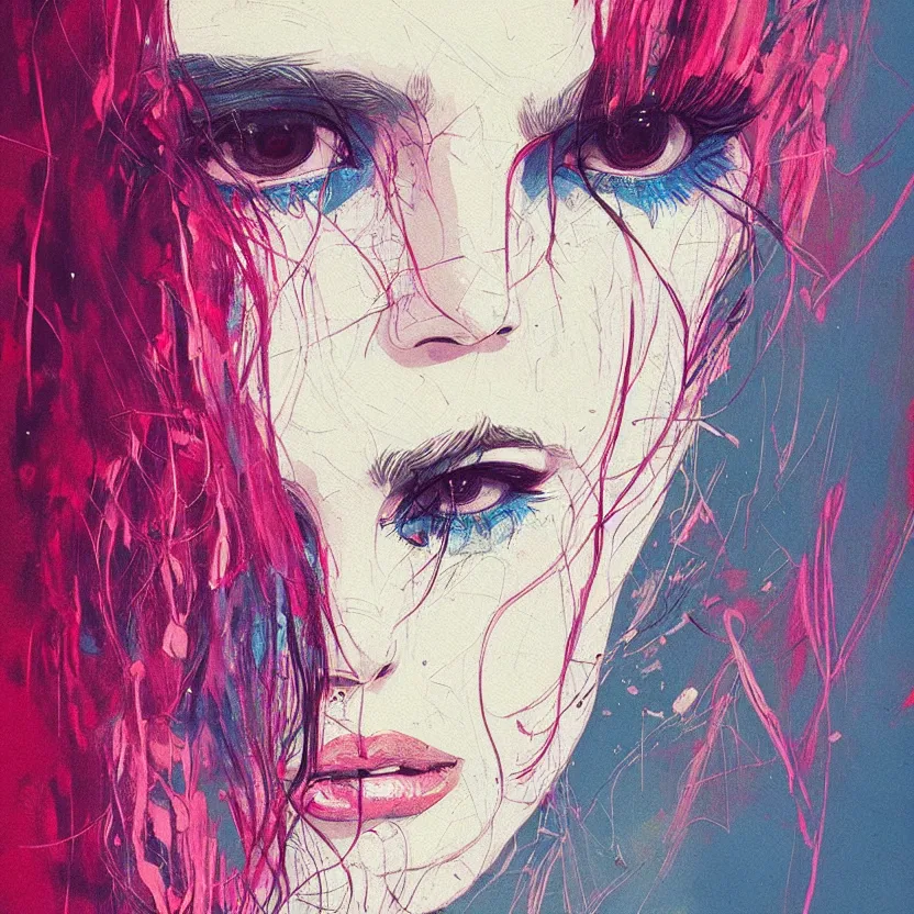 Image similar to close up portrait painting of a female dressed in nineties street styling, concept art, intricate details, highly detailed, aesthetically pleasing pastel colors, art by conrad roset