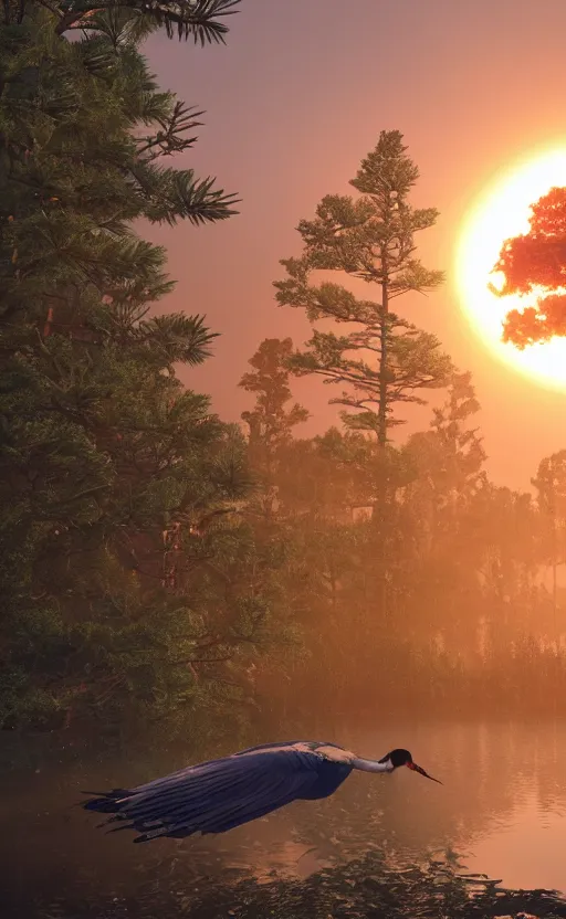 Prompt: rendered in unreal engine 5, a huge japanese crane bird is chilling above a lake in the middle of a forest of japanese pines, a big red sun in the background, front trading card, photorealistic, high details, trending on artstation, 8k, stunning, volumetric lights