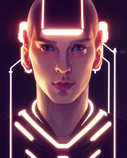 Prompt: symmetry!! centered, head on portrait of a man with futuristic minimalist face tattoos, sci - fi -, cyberpunk, blade runner, glowing lights, tech, biotech, techwear!! intricate, elegant, highly detailed, digital painting, artstation, concept art, smooth, sharp focus, illustration, art by artgerm and greg rutkowski and alphonse mucha