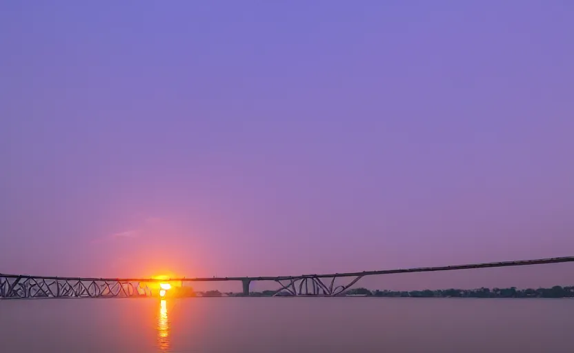 Image similar to a photo of wuhan yangtze river bridge, sunset, purple sky, cinematic, 8 k, highly - detailed