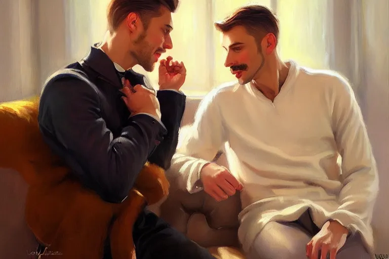 Image similar to attractive man chatting, winter, night, painting by vladimir volegov, j. c. leyendecker, tom of finland, trending on artstation