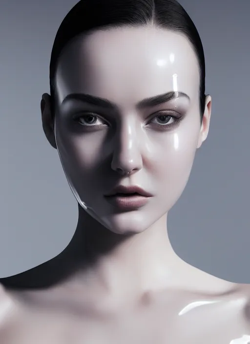 Prompt: a fierce nubile young woman with reflections in her eyes and slicked hair, wearing white latex bodysuit and mask, clear skin, elegant, graceful, fashionable, cinematic, hyperdetailed illustration by irakli nadar and alexandre ferra, depth of field, global illumination,