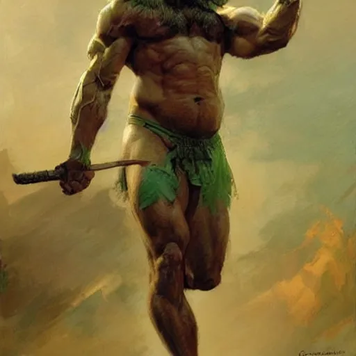 Image similar to young warrior marching toward the viewer, male, muscular, green eyes!!!!, straight nose!!!!!, beard, detailed face, thighs!!!!! gorgeous, amazing, muscular, intricate, highly detailed, painting by Gaston Bussiere, Craig Mullins