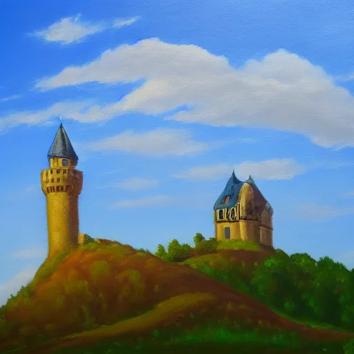 Prompt: an oil painting of a castle with a peaceful sky