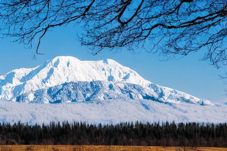 Prompt: long distance photo of snowy mountain range rising from forested plains