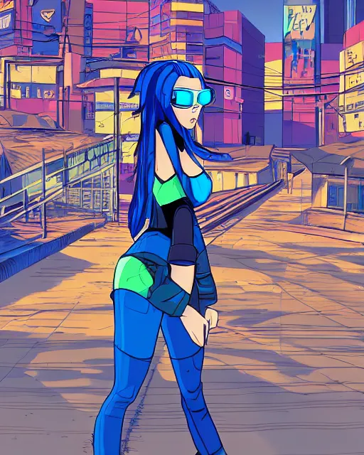 Prompt: cel shaded art of a pretty blue haired girl, jet grind radio graphics, cyberpunk city street background