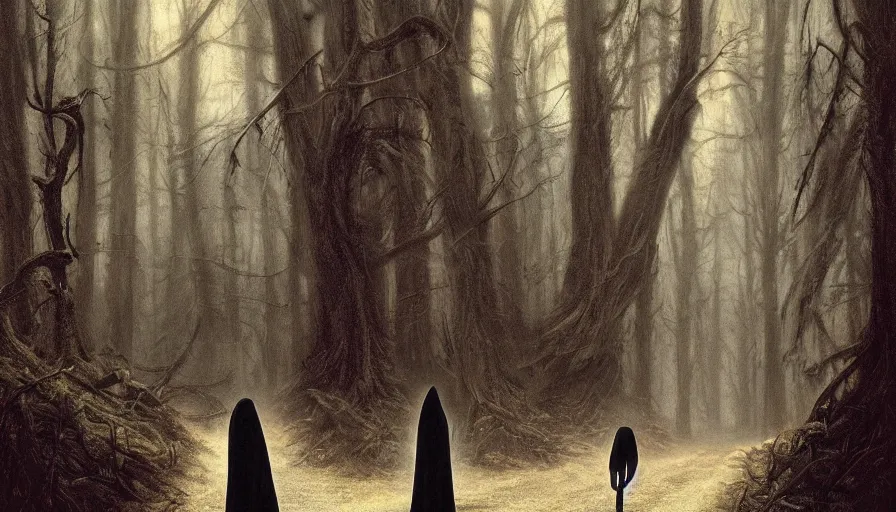 Image similar to portrait of a man in a long flowing hooded cloak and a skull mask on a path of a dark forest, ray traced lighting by Gerald Brom and Norman Rockwell