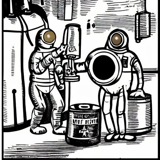 Image similar to an astronaut taking a photo of a beer keg. astronaut using a vintage camera. detailed cartoon