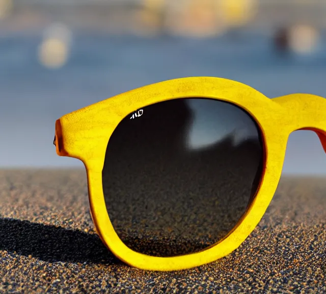 Prompt: a 4 k photorealistic photo close up of a lemon wearing sunglasses on a beach