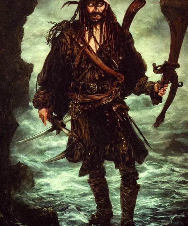 Prompt: ultra realistic color portrait painting of an ghostly 1 7 th century pirate with a sword in a grotto, dark, painted, brooding, atmospheric, seascape, horror, smooth, epic, highly detailed, cinematic, by clyde caldwell