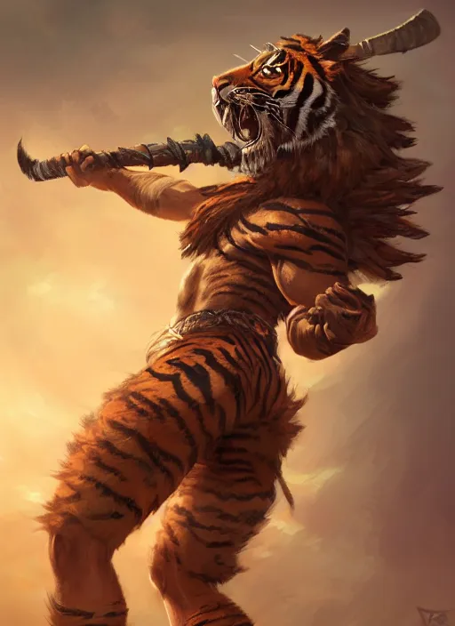 Image similar to a highly detailed illustration of a fierce tribal warrior wearing a tiger mane hat, heroically screaming into the sky pose, muscular, intricate, elegant, highly detailed, centered, digital painting, artstation, concept art, smooth, sharp focus, league of legends concept art, WLOP