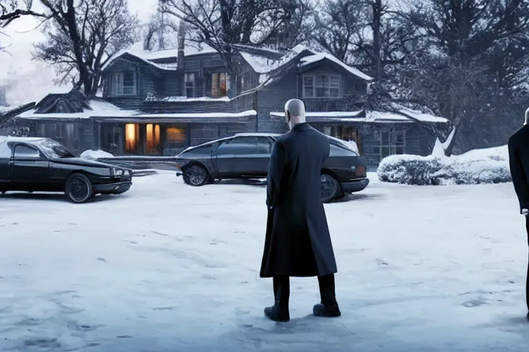 Image similar to movie scene, hitman waiting outside a house in his car, night, silenced pistol, by emmanuel lubezki