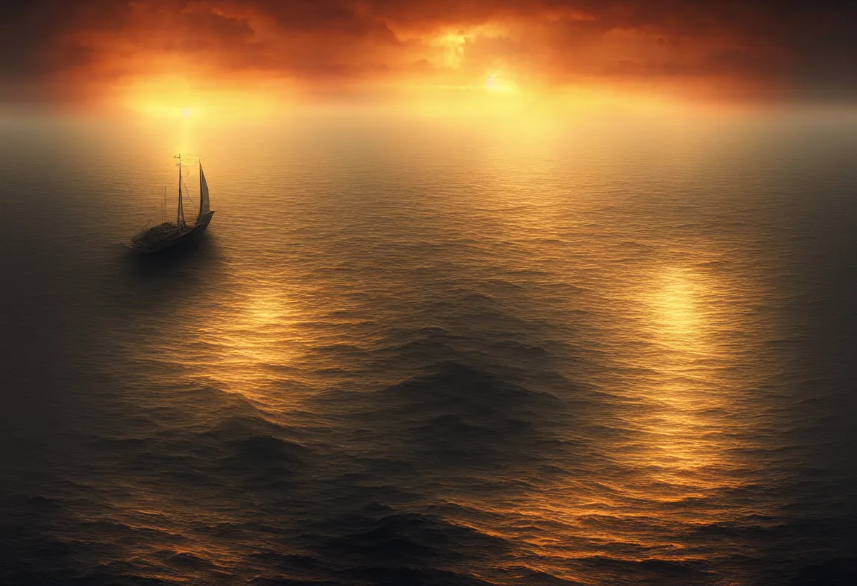 Image similar to strange sea surface of autumn planet at sunset, sailing ship on horizon, ultra high definition, ultra detailed, symmetry, fog, matte painting, by greg rutkowski and ross tran and wlop