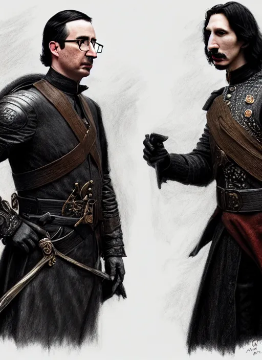 Image similar to a portrait of john oliver standing next to adam driver as in the vigo carpathian painting, stoic, military uniform, fantasy, intricate, beautiful, highly detailed, charcoal, centered, dark, smokey, digital painting, concept art, smooth, sharp focus, illustration, art by artgerm and greg rutkowski