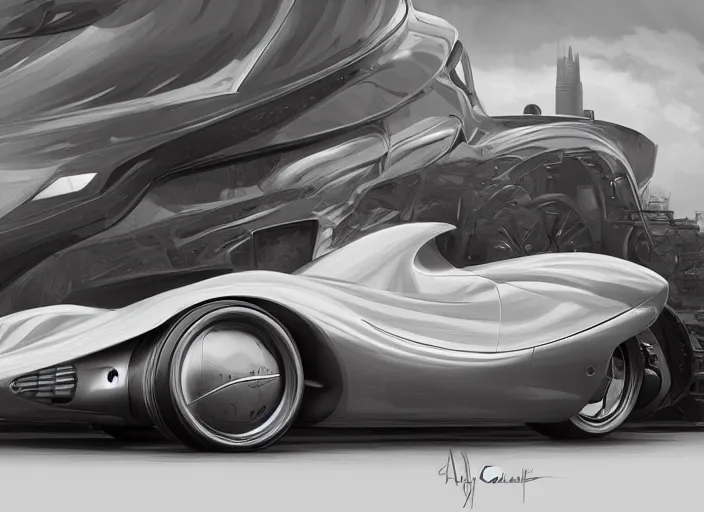 Image similar to automobile, studio, futuristic, art style by pablo carpio, car design by vergil exner, vintage car, industrial design concept, big engine, full view. blank background.