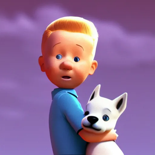 Prompt: tintin and his tiny white fox terrier, depicted as a pixar character, high quality cg render, 8 k