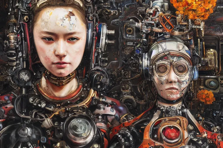 Image similar to 8K UHD, detailed portrait, high dynamic range, by katsuhiro otomo: (background= varnished oil paint on black background with pastel paint splashes in background)+ (subject = queen baroque expressionist cyborg machine goddess + subject detail= very detailed )