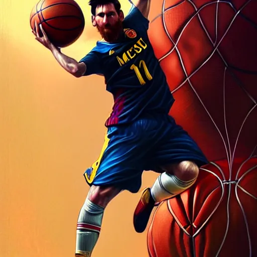 Image similar to Messi dunking a basketball, D&D, fantasy, intricate, elegant, highly detailed, digital painting, artstation, concept art, matte, sharp focus, illustration, art by Artgerm and Greg Rutkowski and Alphonse Mucha